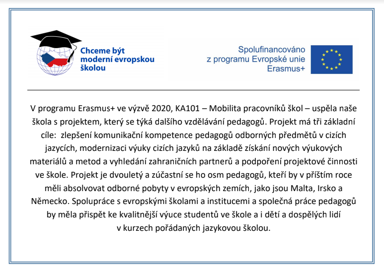Oznámení o projektu Erasmus+ KA101